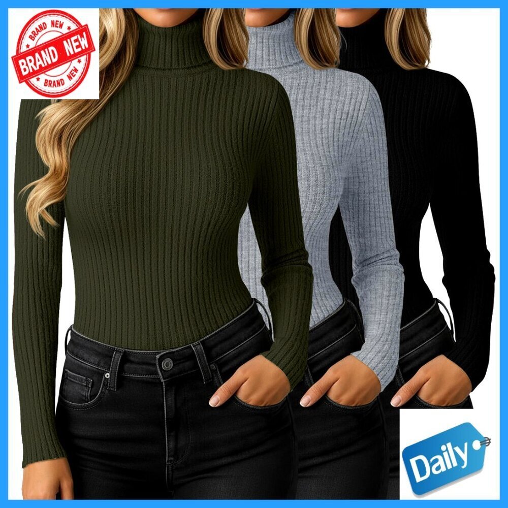 3 Pack Ribbed Turtleneck Sweaters, Long Sleeve Pullover Tops, Fall Winter